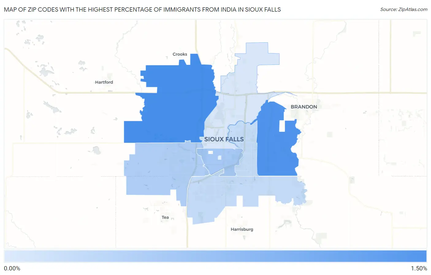 Zip Codes with the Highest Percentage of Immigrants from India in Sioux Falls Map