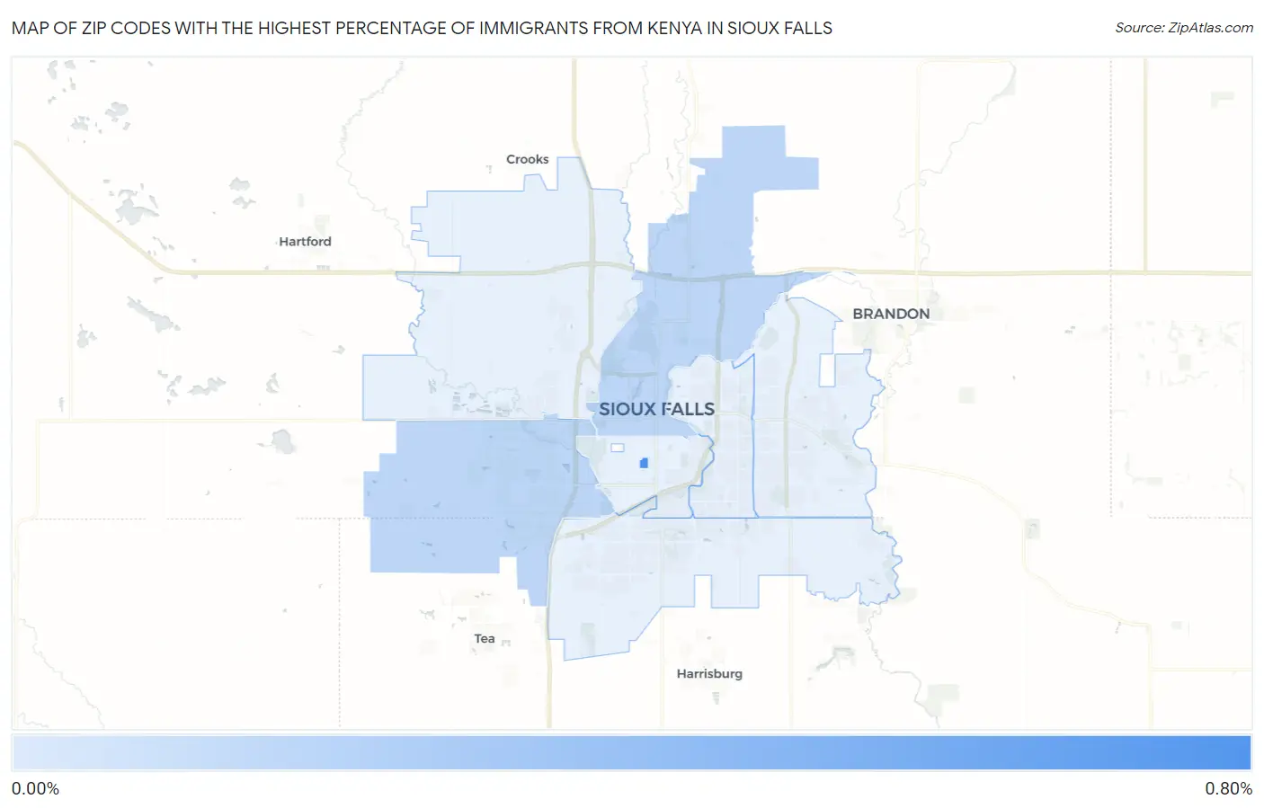 Zip Codes with the Highest Percentage of Immigrants from Kenya in Sioux Falls Map