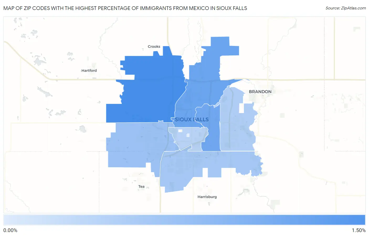 Zip Codes with the Highest Percentage of Immigrants from Mexico in Sioux Falls Map