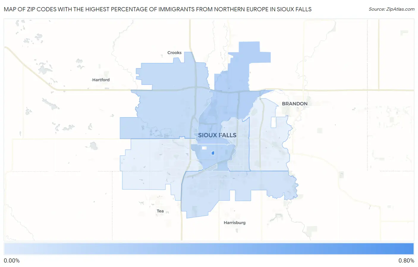 Zip Codes with the Highest Percentage of Immigrants from Northern Europe in Sioux Falls Map