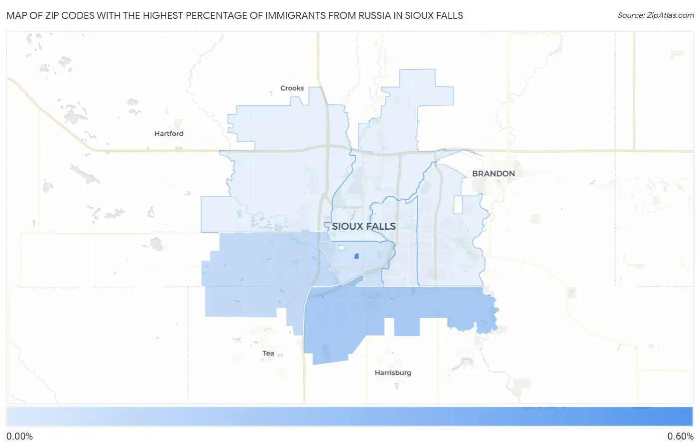 Zip Codes with the Highest Percentage of Immigrants from Russia in Sioux Falls Map
