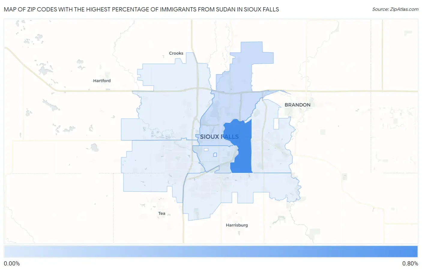 Zip Codes with the Highest Percentage of Immigrants from Sudan in Sioux Falls Map