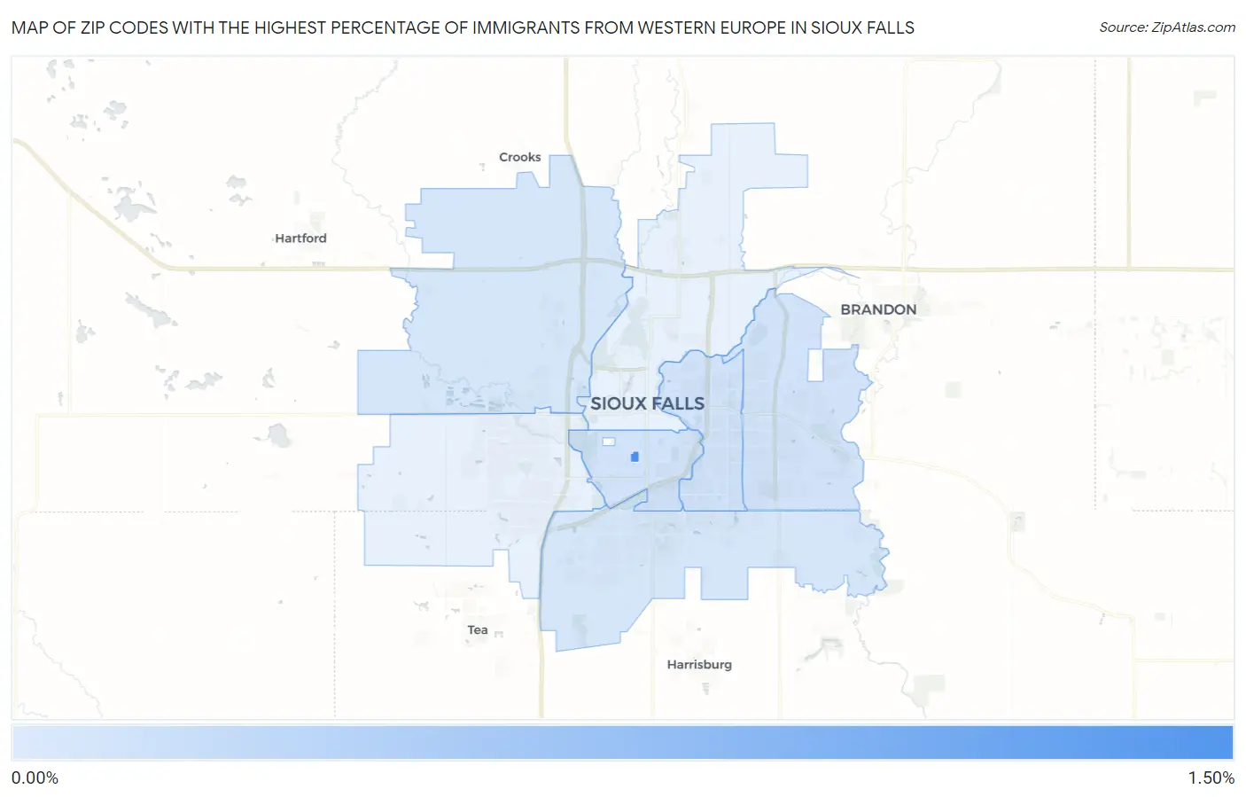 Zip Codes with the Highest Percentage of Immigrants from Western Europe in Sioux Falls Map
