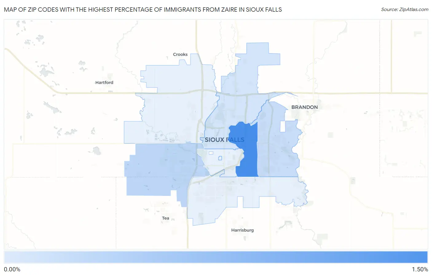 Zip Codes with the Highest Percentage of Immigrants from Zaire in Sioux Falls Map