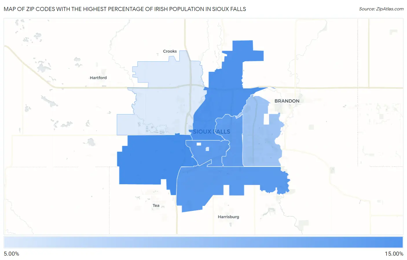 Zip Codes with the Highest Percentage of Irish Population in Sioux Falls Map