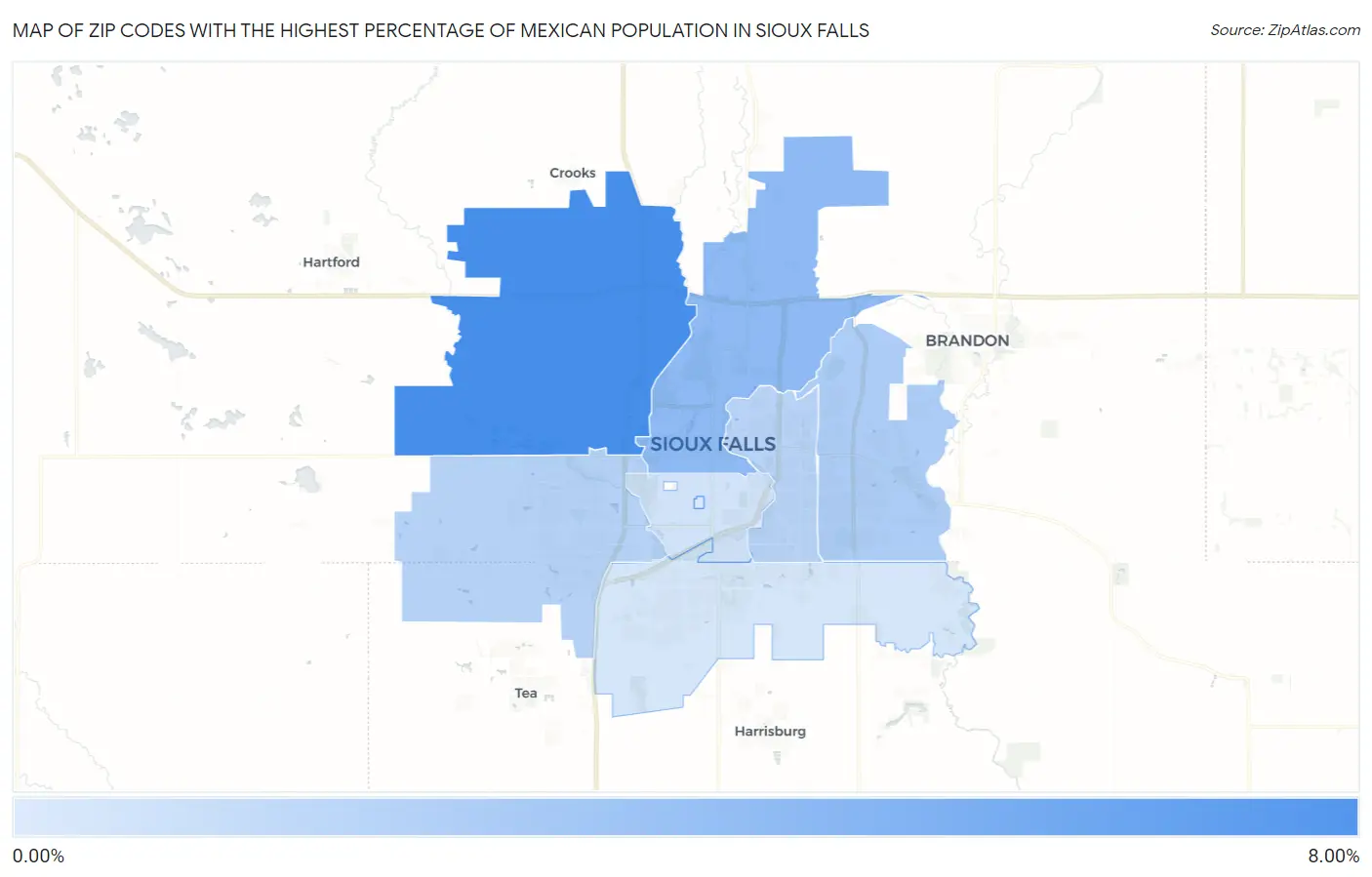 Zip Codes with the Highest Percentage of Mexican Population in Sioux Falls Map
