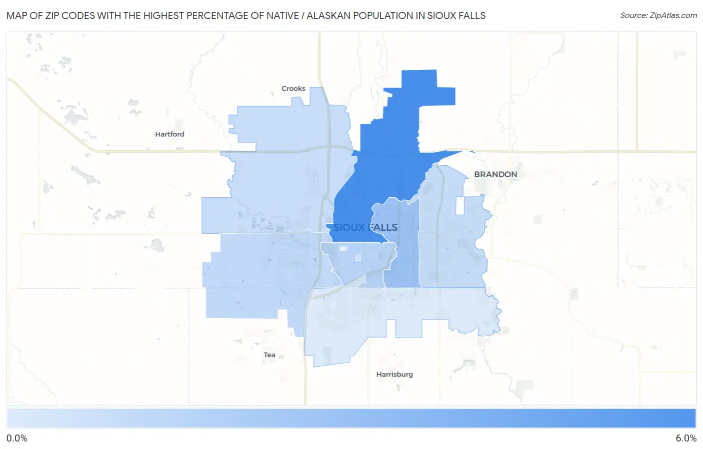 Zip Codes with the Highest Percentage of Native / Alaskan Population in Sioux Falls Map