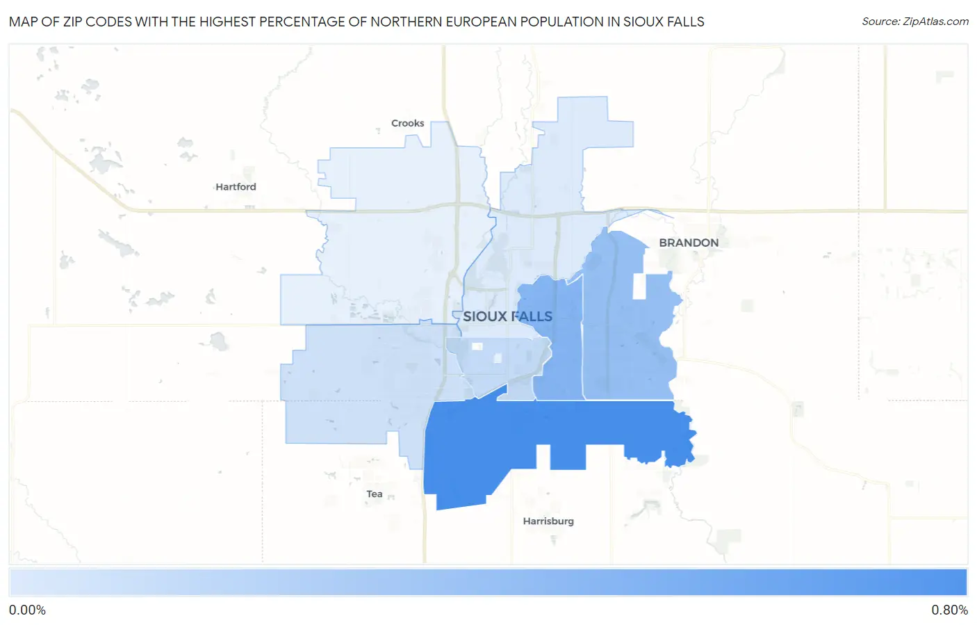 Zip Codes with the Highest Percentage of Northern European Population in Sioux Falls Map