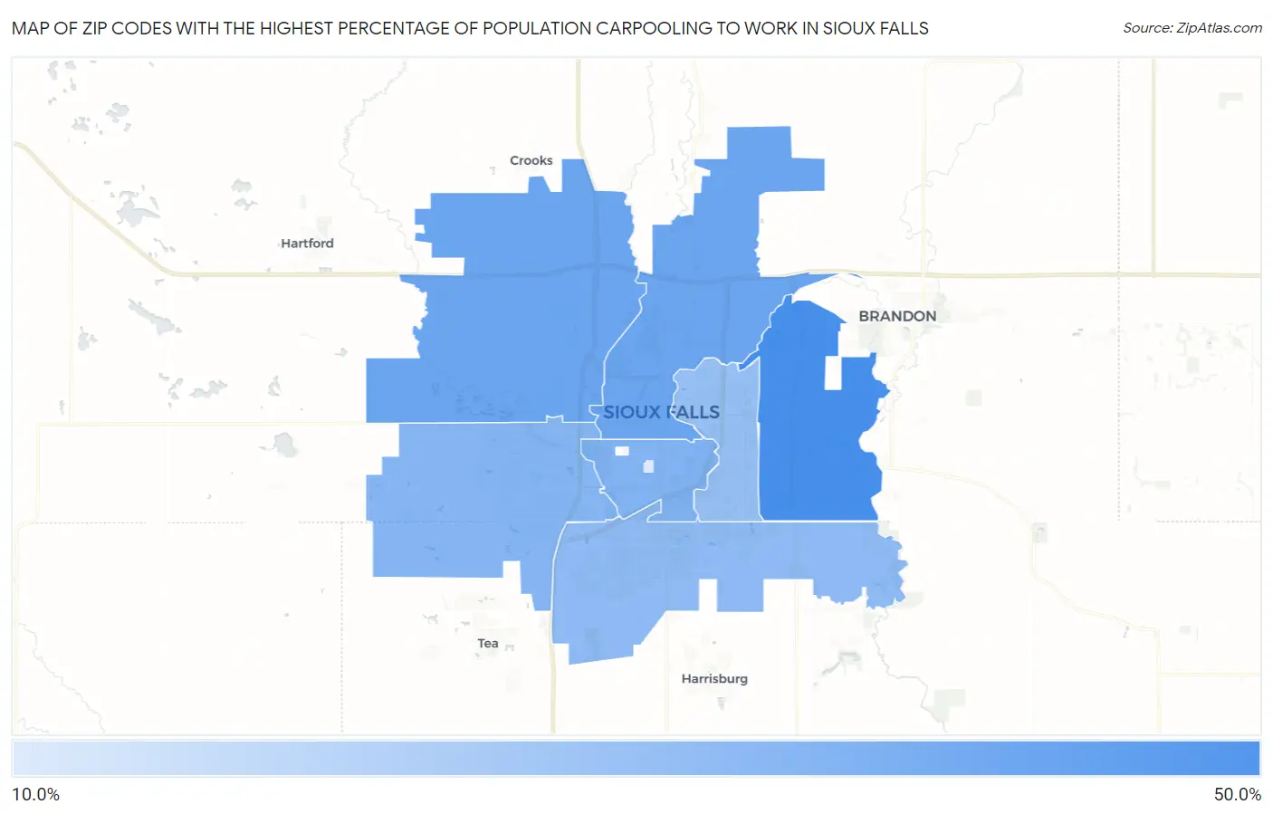 Zip Codes with the Highest Percentage of Population Carpooling to Work in Sioux Falls Map