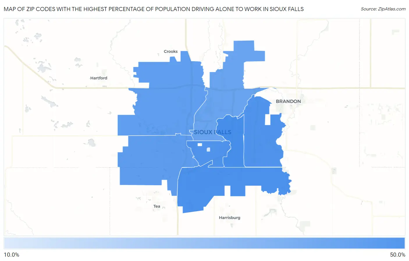 Zip Codes with the Highest Percentage of Population Driving Alone to Work in Sioux Falls Map