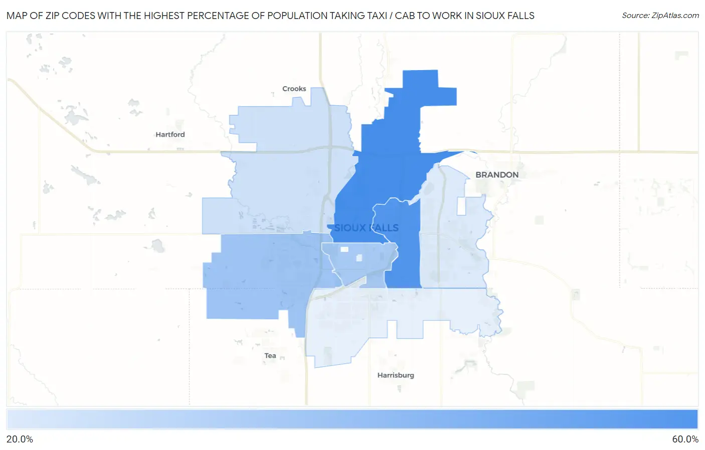 Zip Codes with the Highest Percentage of Population Taking Taxi / Cab to Work in Sioux Falls Map