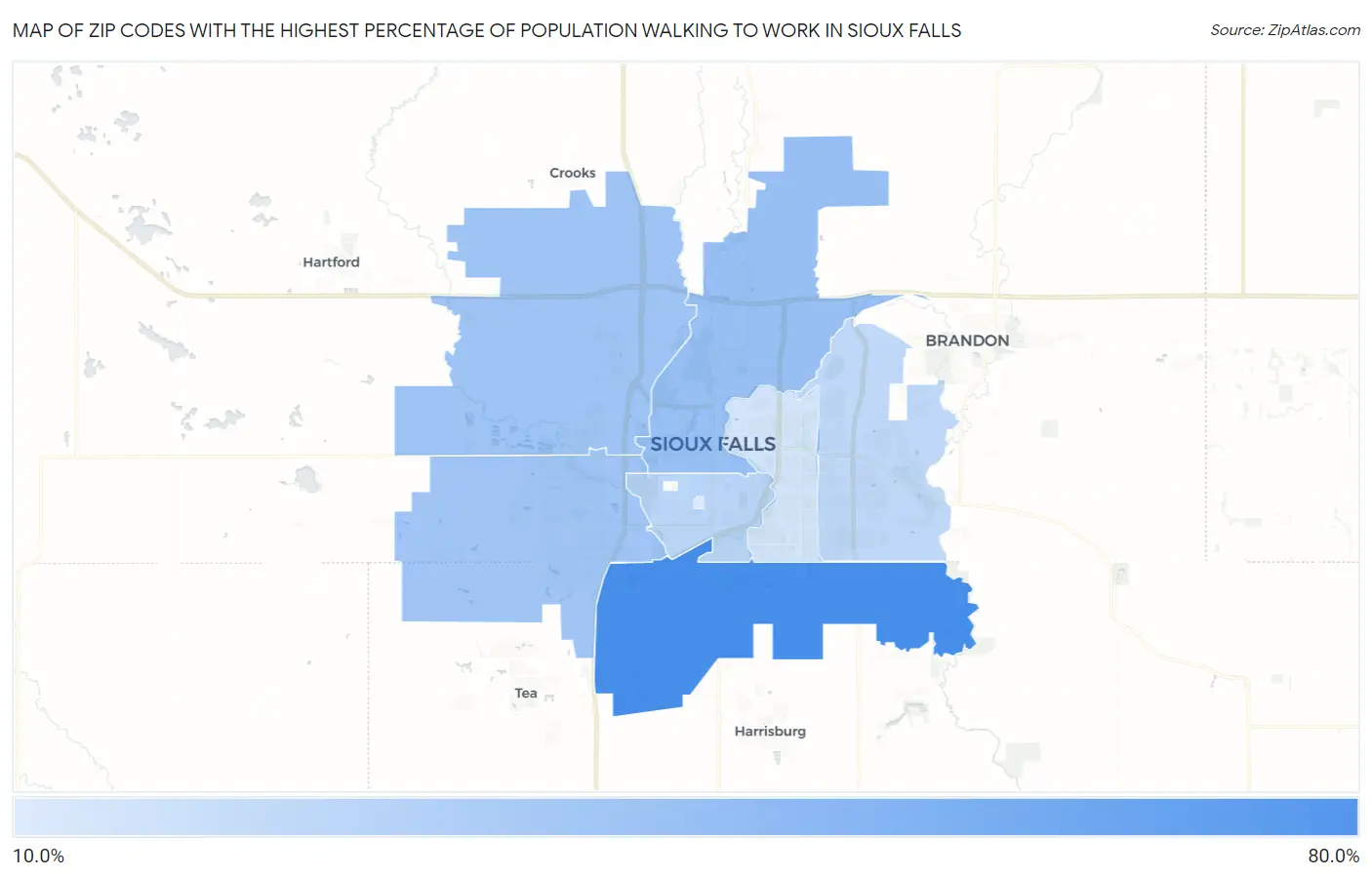Zip Codes with the Highest Percentage of Population Walking to Work in Sioux Falls Map