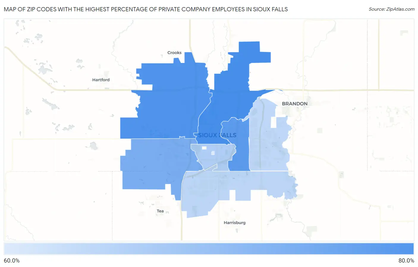 Zip Codes with the Highest Percentage of Private Company Employees in Sioux Falls Map