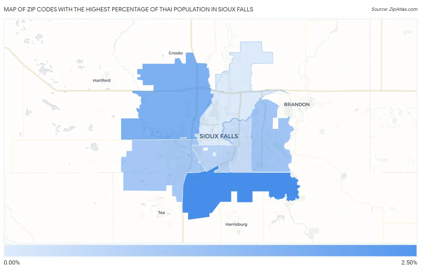 Zip Codes with the Highest Percentage of Thai Population in Sioux Falls Map