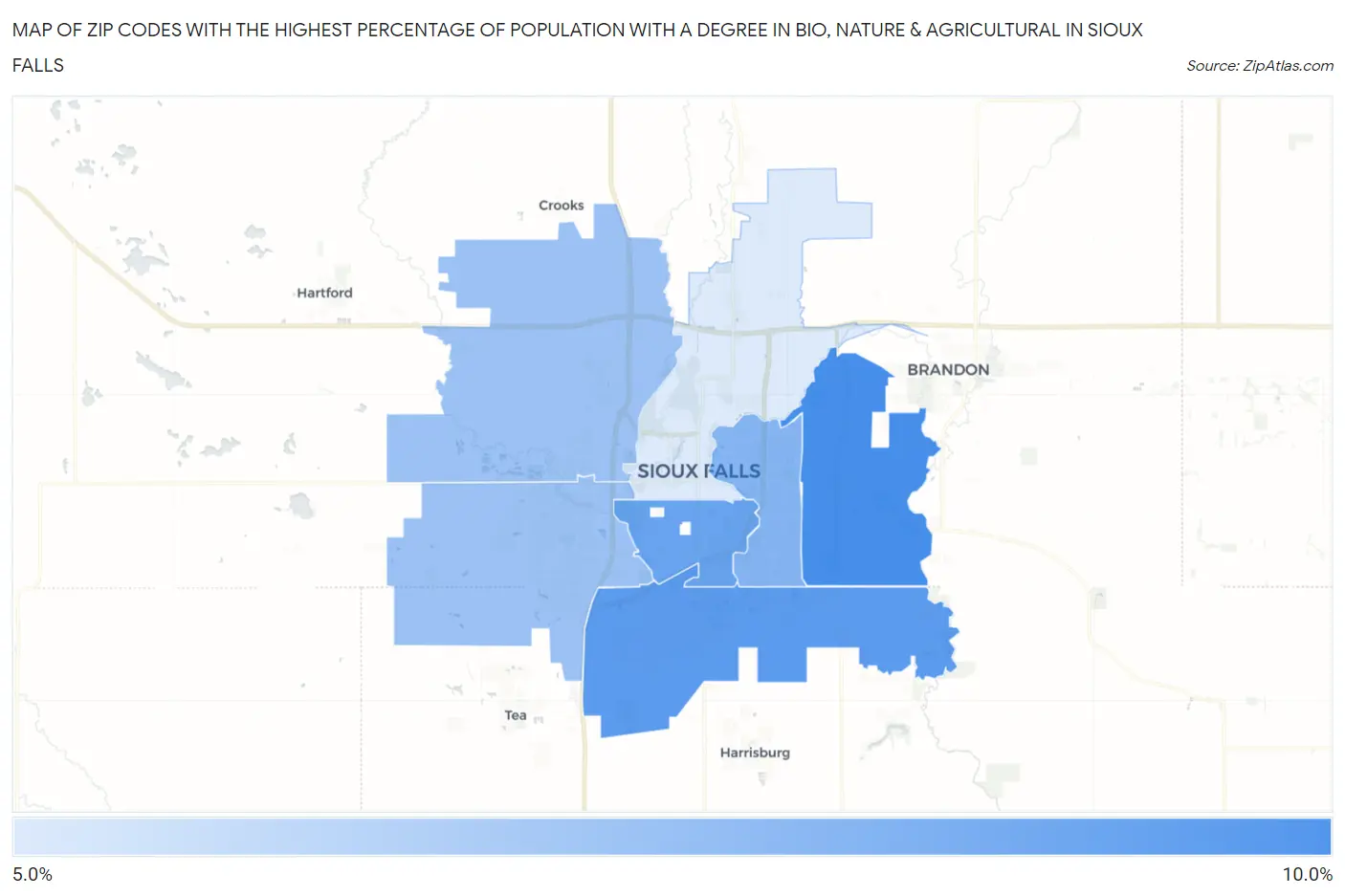Zip Codes with the Highest Percentage of Population with a Degree in Bio, Nature & Agricultural in Sioux Falls Map