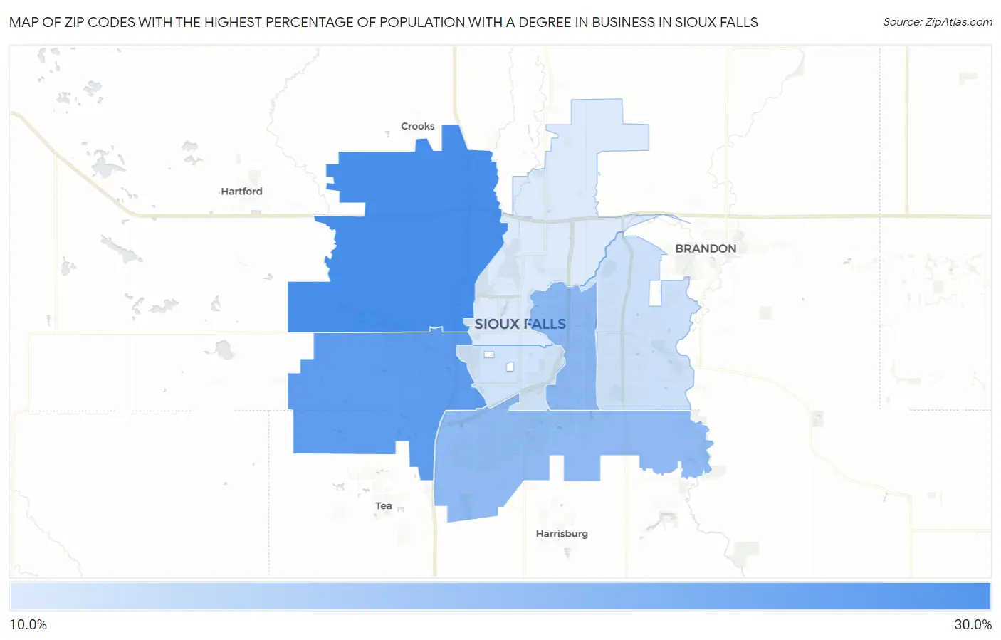 Zip Codes with the Highest Percentage of Population with a Degree in Business in Sioux Falls Map
