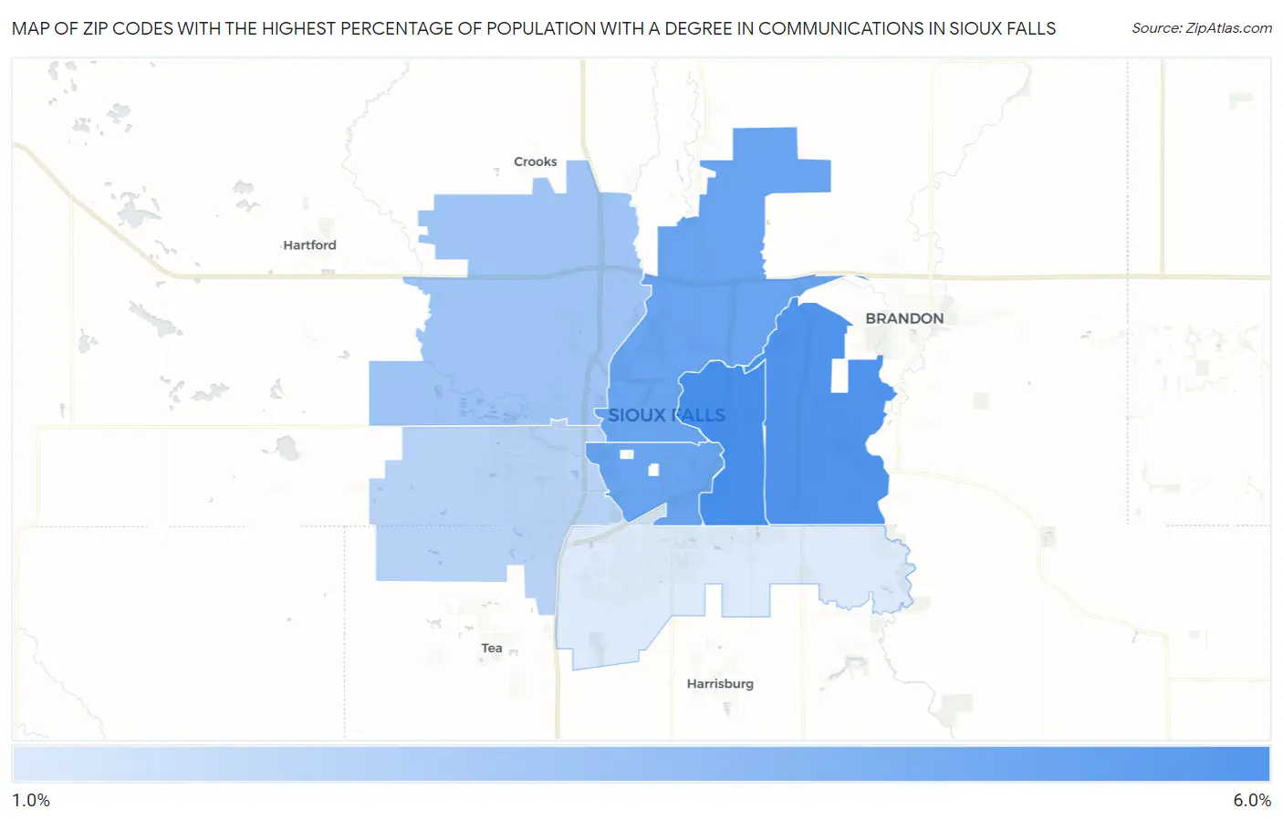 Zip Codes with the Highest Percentage of Population with a Degree in Communications in Sioux Falls Map