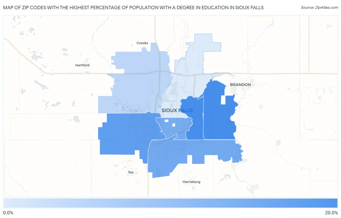 Zip Codes with the Highest Percentage of Population with a Degree in Education in Sioux Falls Map