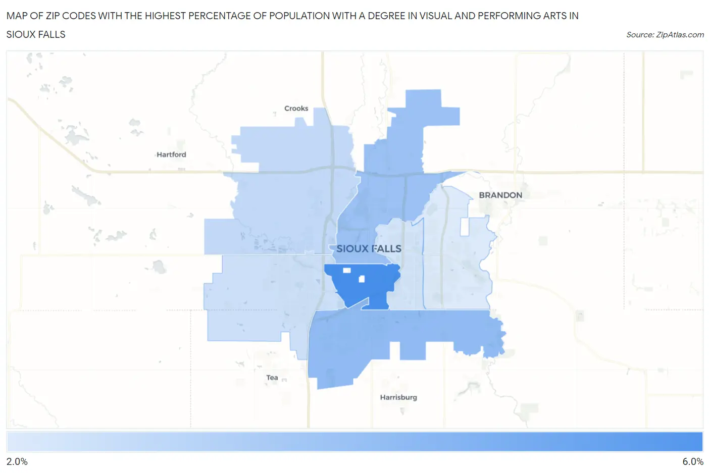 Zip Codes with the Highest Percentage of Population with a Degree in Visual and Performing Arts in Sioux Falls Map