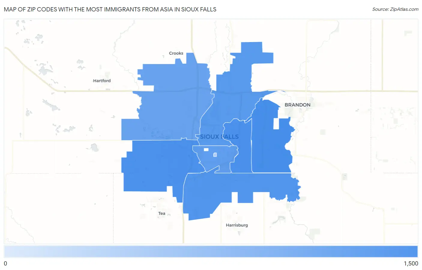 Zip Codes with the Most Immigrants from Asia in Sioux Falls Map