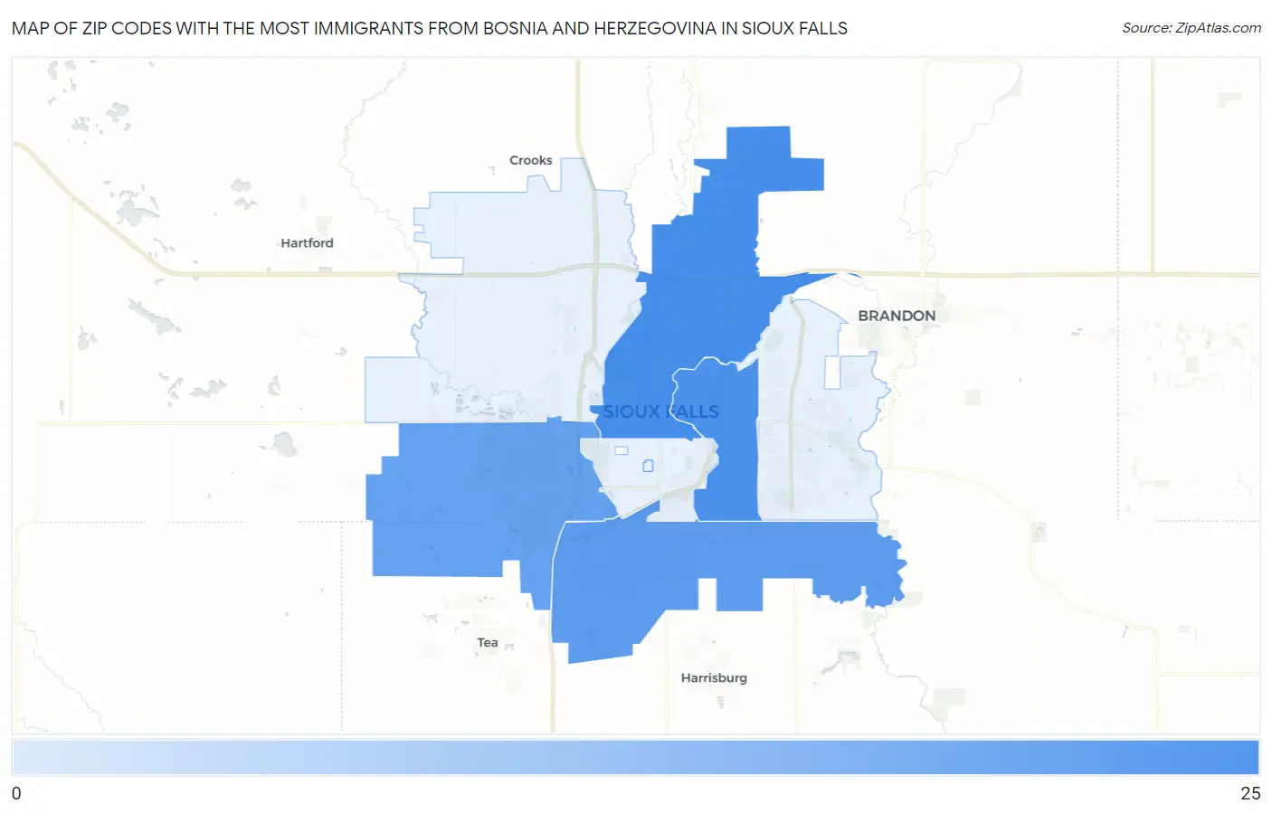 Zip Codes with the Most Immigrants from Bosnia and Herzegovina in Sioux Falls Map