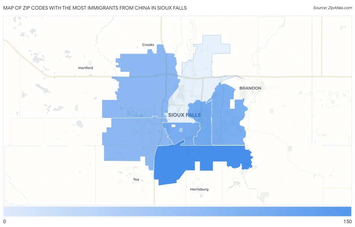 Zip Codes with the Most Immigrants from China in Sioux Falls Map