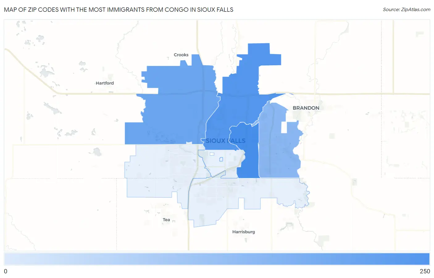 Zip Codes with the Most Immigrants from Congo in Sioux Falls Map