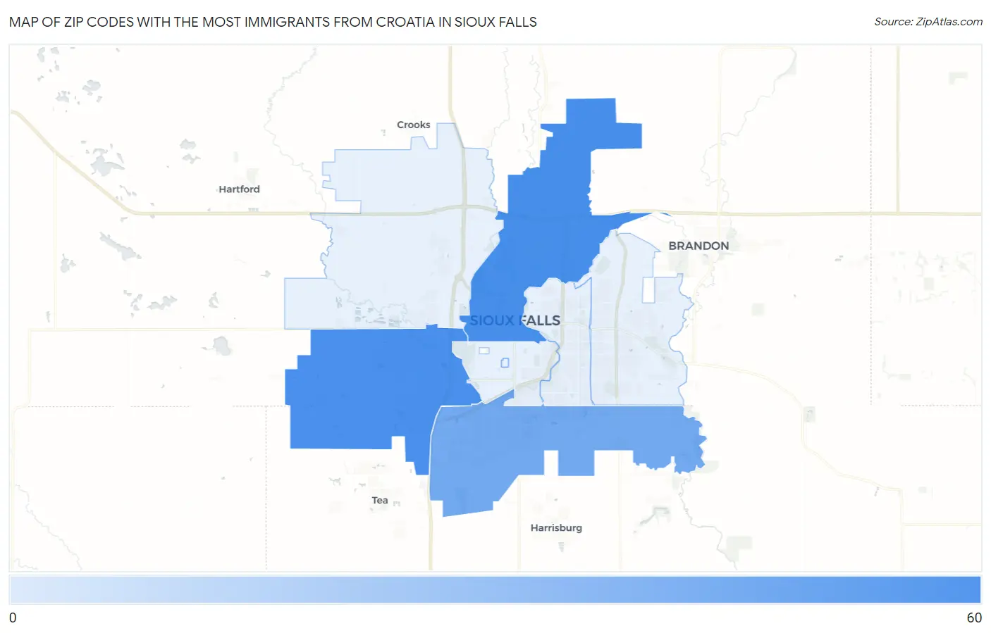 Zip Codes with the Most Immigrants from Croatia in Sioux Falls Map