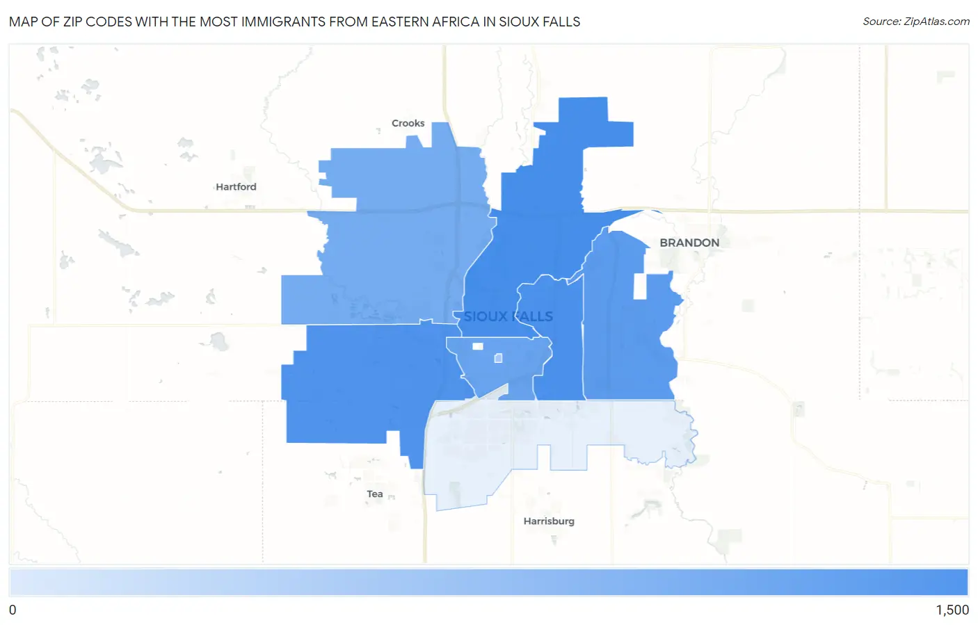 Zip Codes with the Most Immigrants from Eastern Africa in Sioux Falls Map