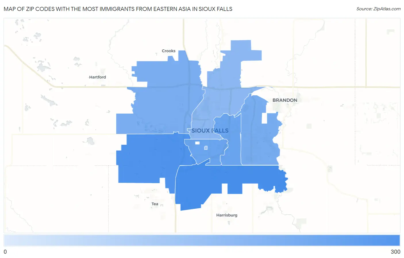 Zip Codes with the Most Immigrants from Eastern Asia in Sioux Falls Map