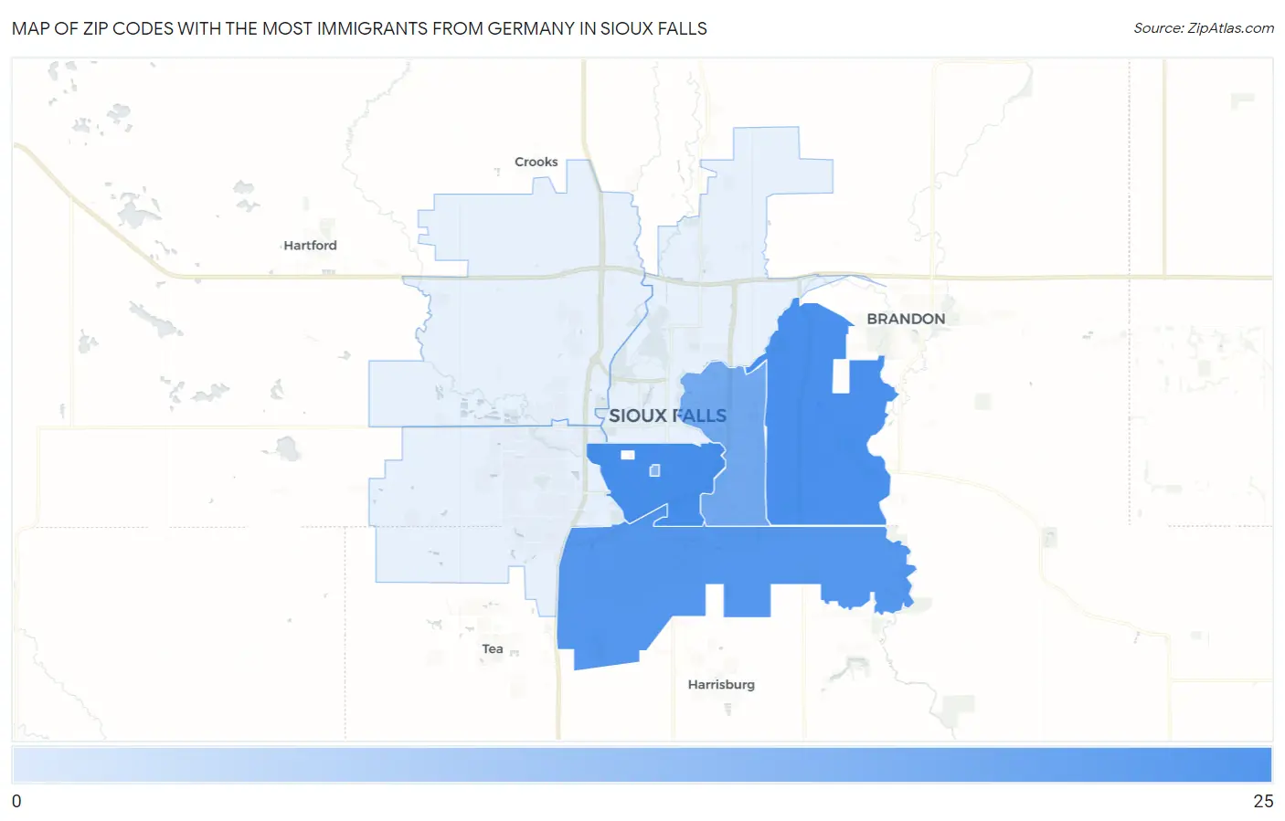 Zip Codes with the Most Immigrants from Germany in Sioux Falls Map