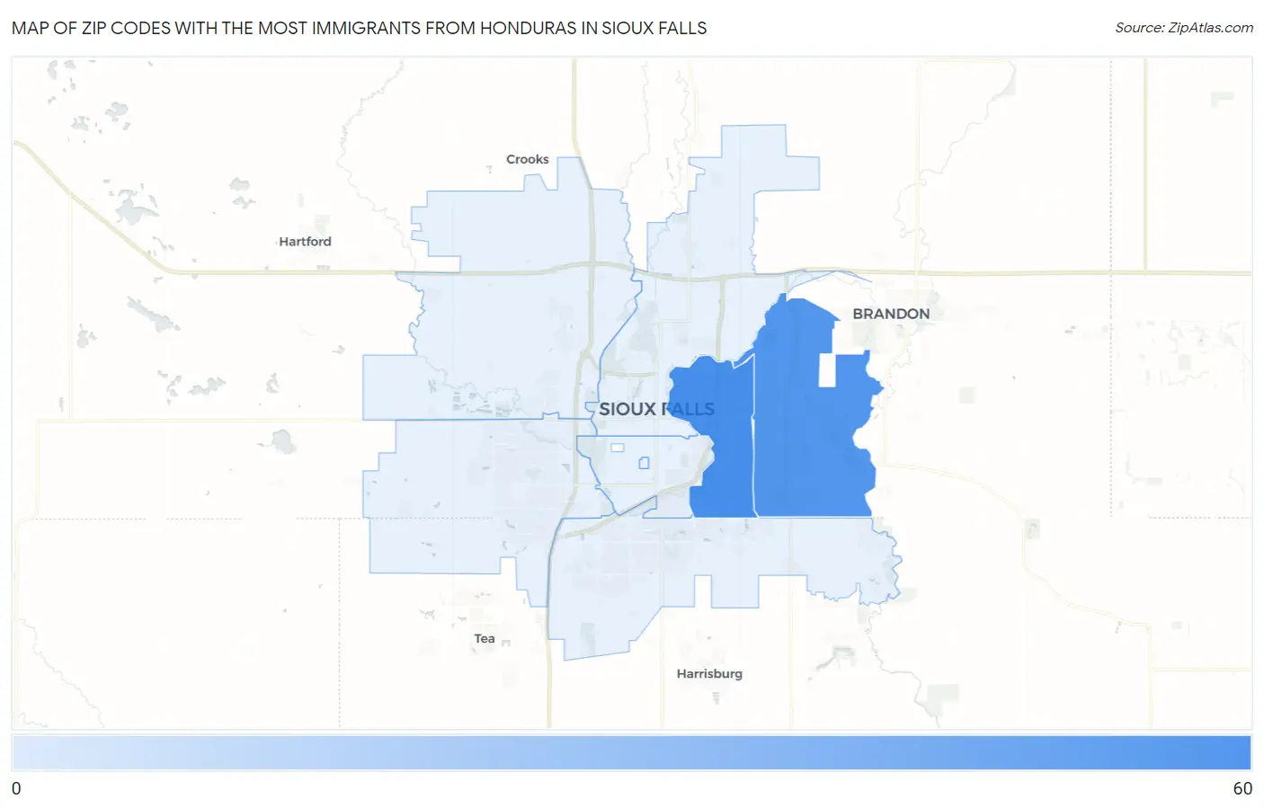 Zip Codes with the Most Immigrants from Honduras in Sioux Falls Map
