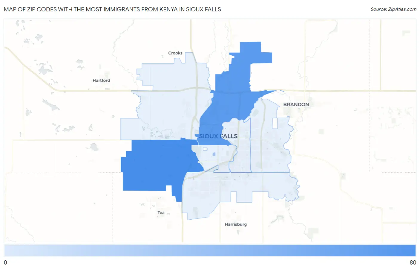 Zip Codes with the Most Immigrants from Kenya in Sioux Falls Map