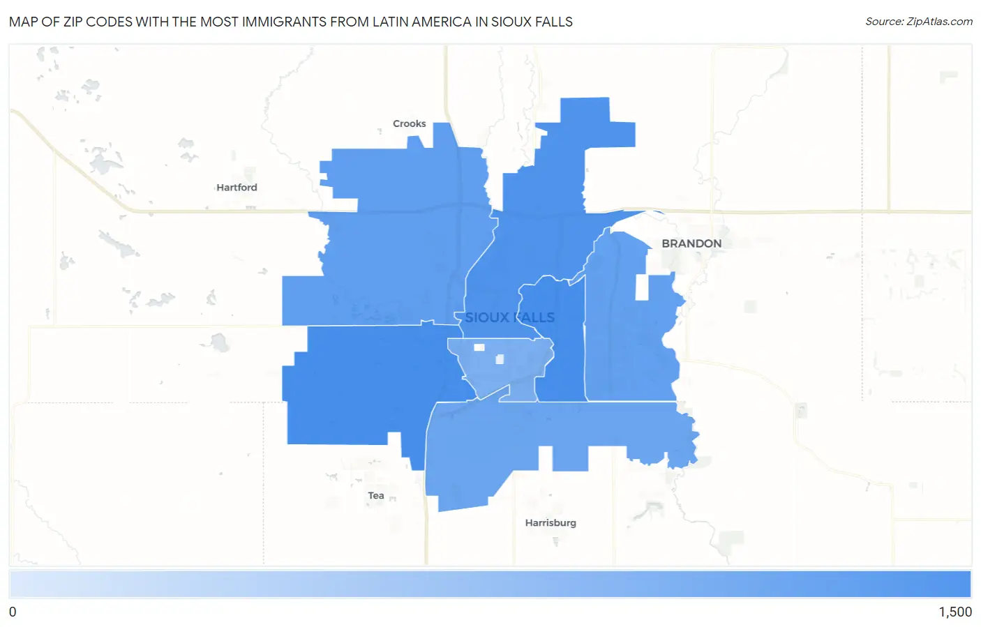 Zip Codes with the Most Immigrants from Latin America in Sioux Falls Map