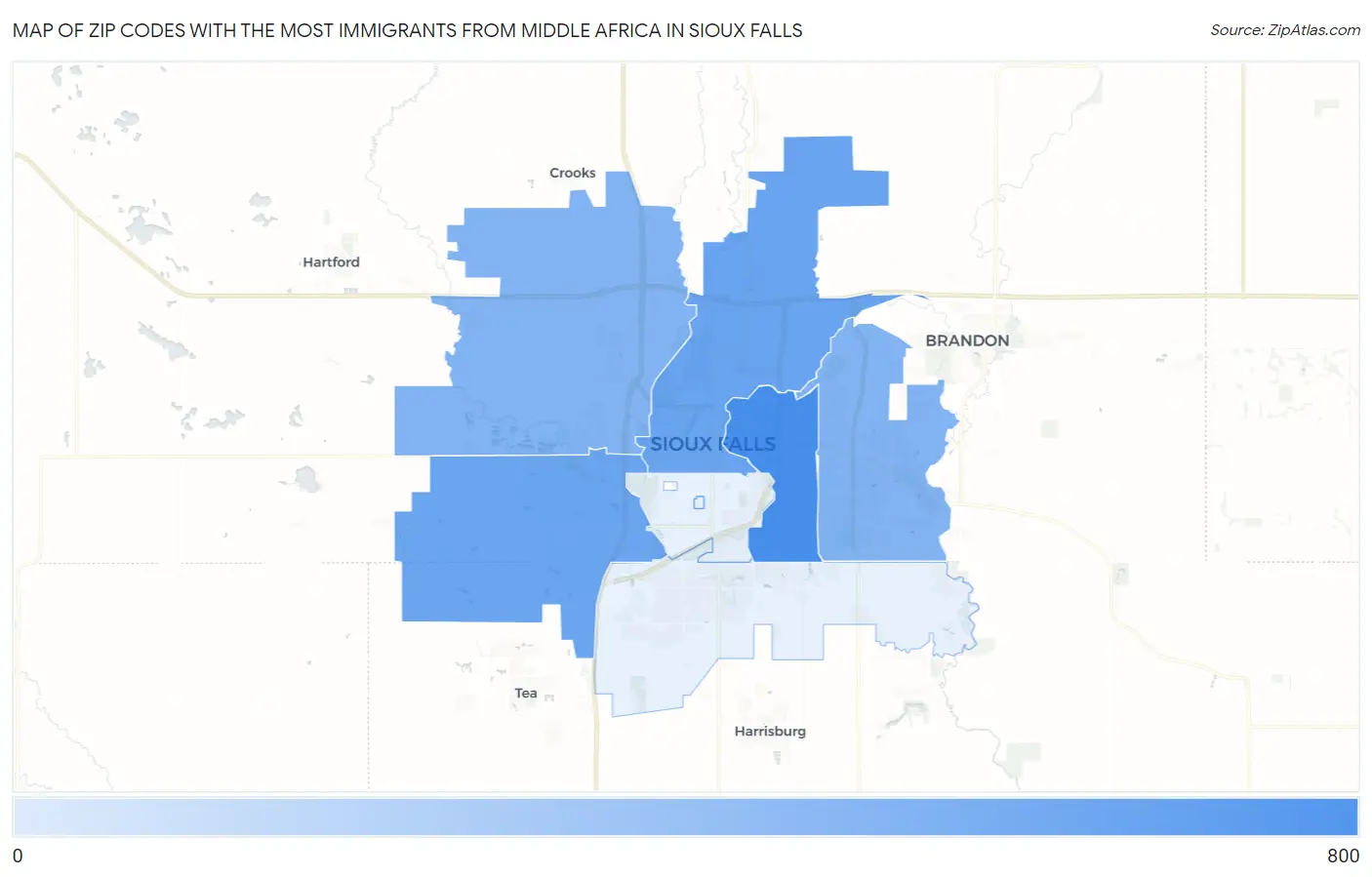 Zip Codes with the Most Immigrants from Middle Africa in Sioux Falls Map