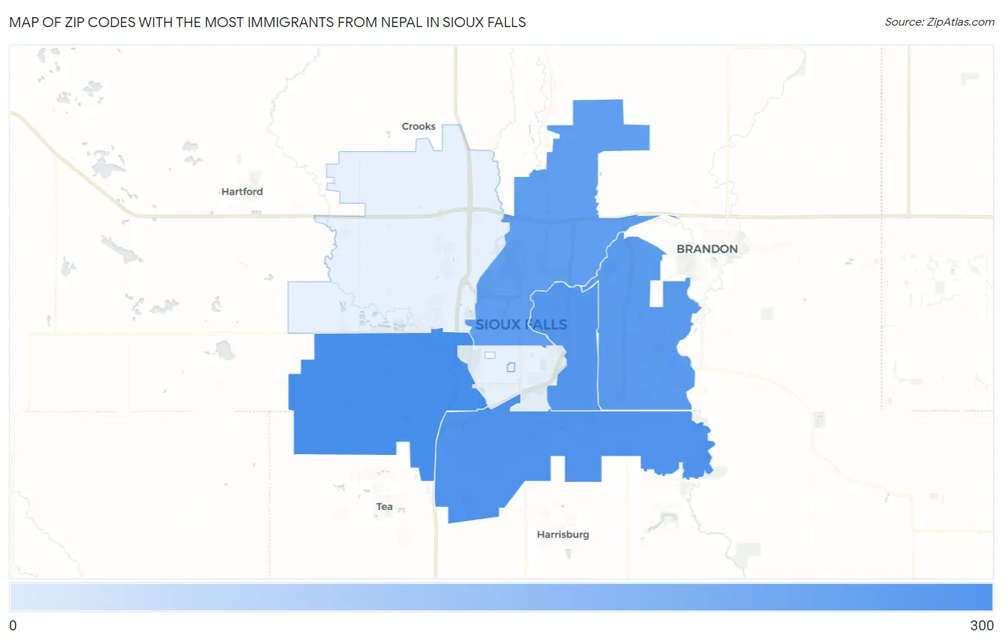 Zip Codes with the Most Immigrants from Nepal in Sioux Falls Map