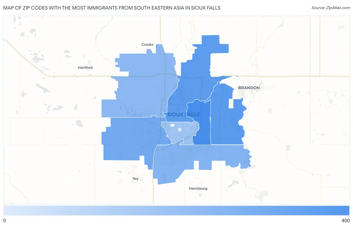 Zip Codes with the Most Immigrants from South Eastern Asia in Sioux Falls Map