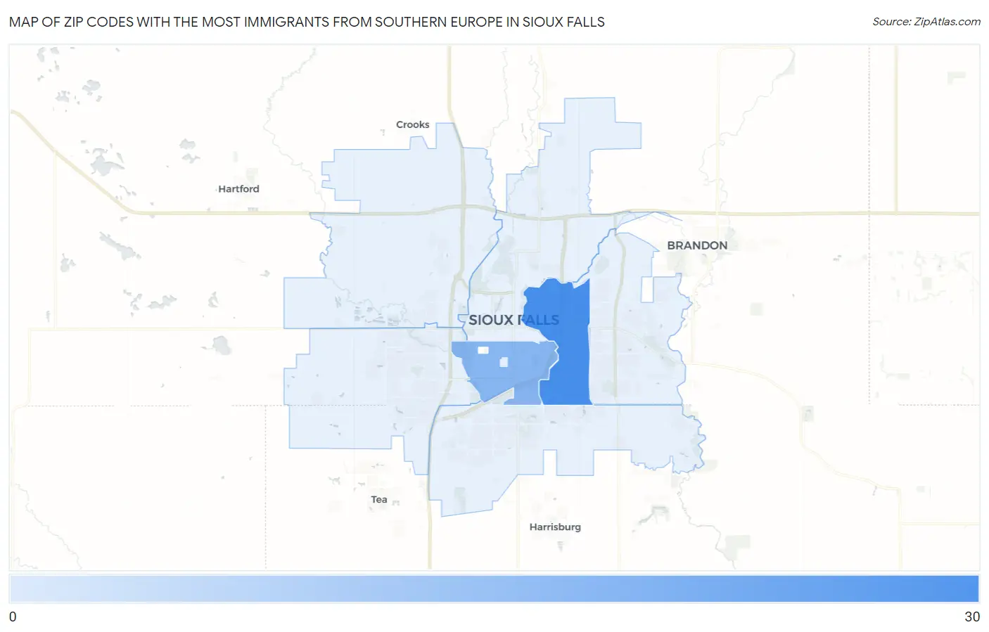 Zip Codes with the Most Immigrants from Southern Europe in Sioux Falls Map