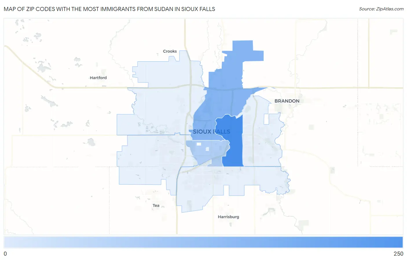 Zip Codes with the Most Immigrants from Sudan in Sioux Falls Map