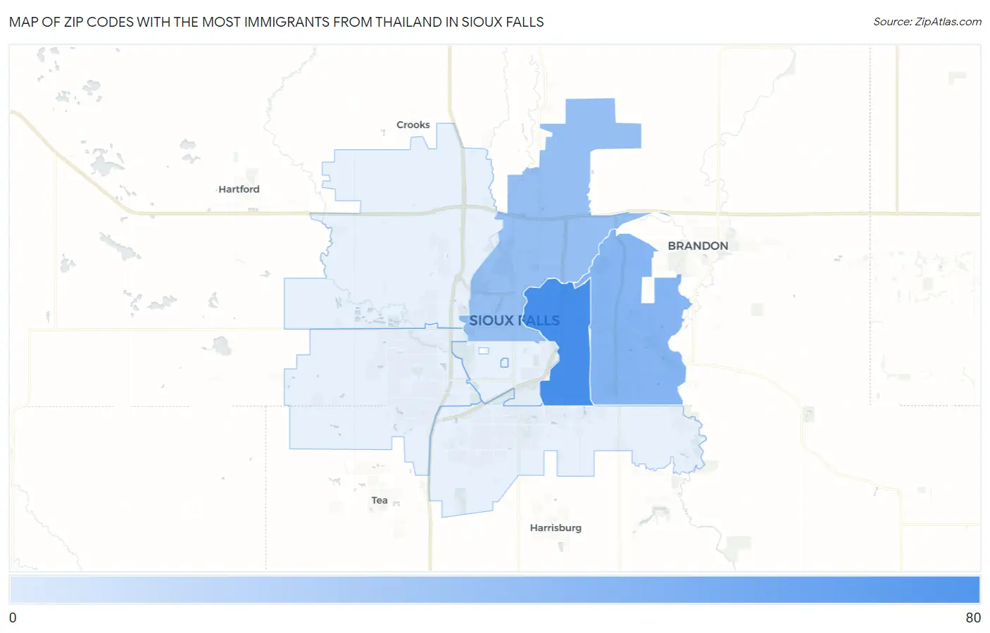 Zip Codes with the Most Immigrants from Thailand in Sioux Falls Map