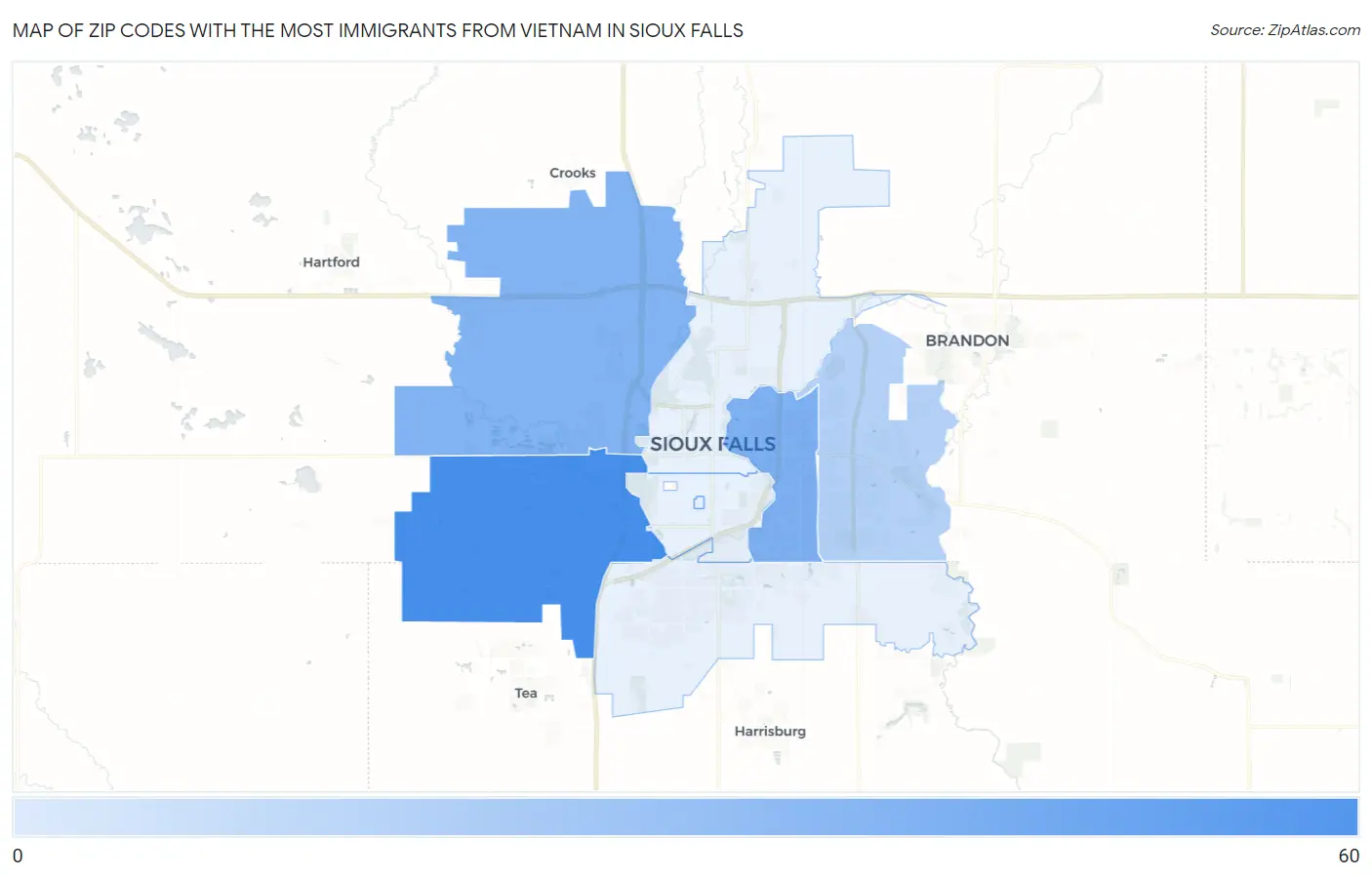 Zip Codes with the Most Immigrants from Vietnam in Sioux Falls Map