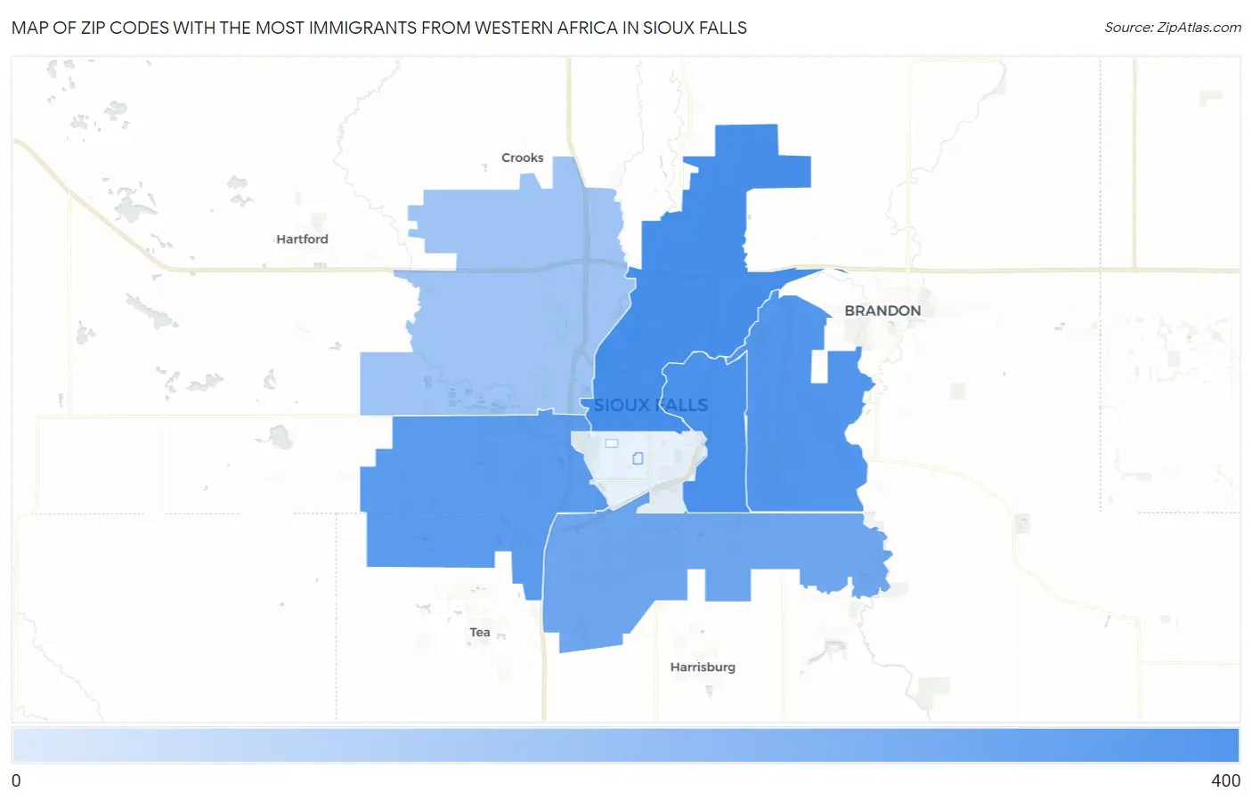 Zip Codes with the Most Immigrants from Western Africa in Sioux Falls Map