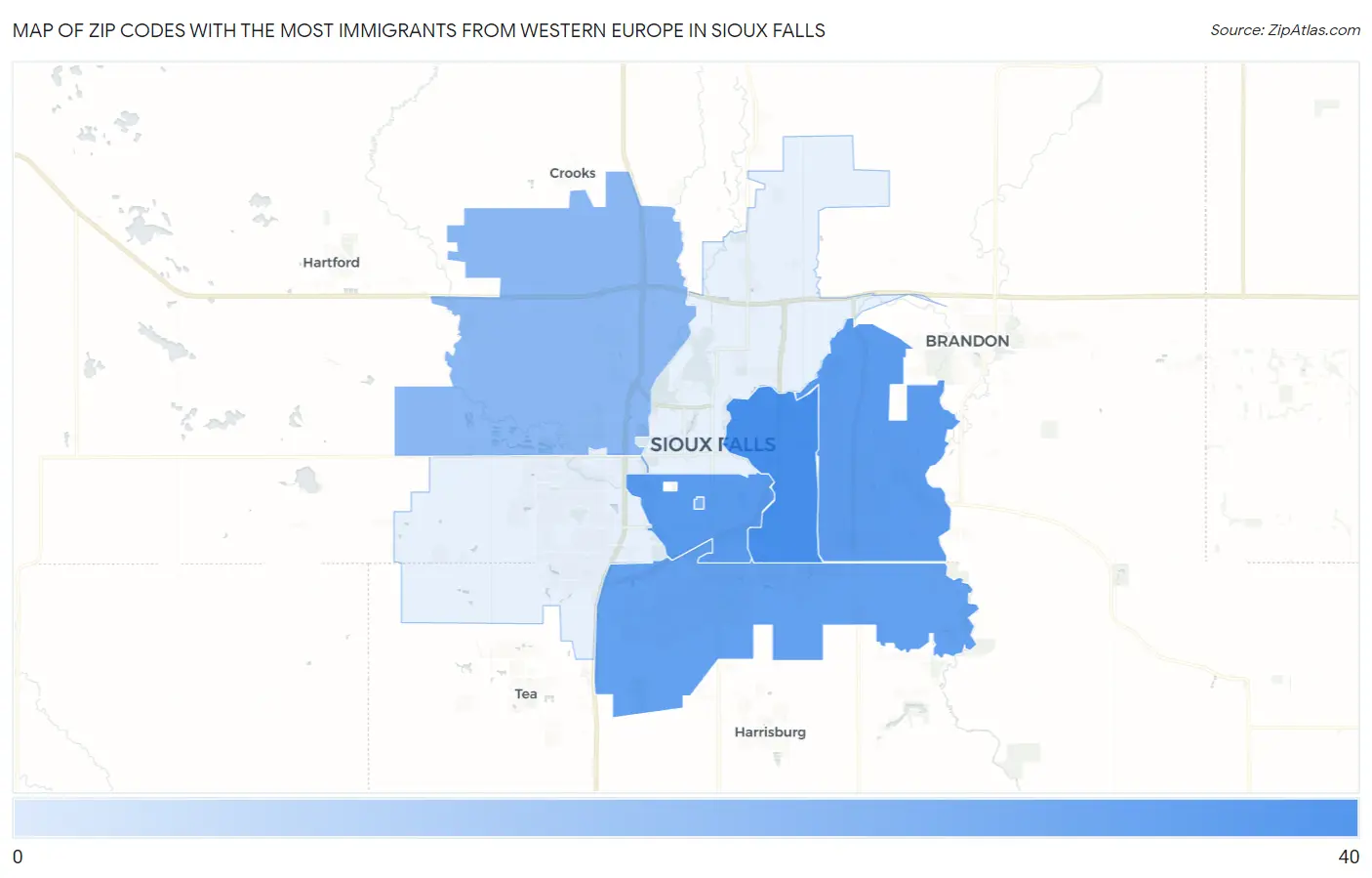 Zip Codes with the Most Immigrants from Western Europe in Sioux Falls Map