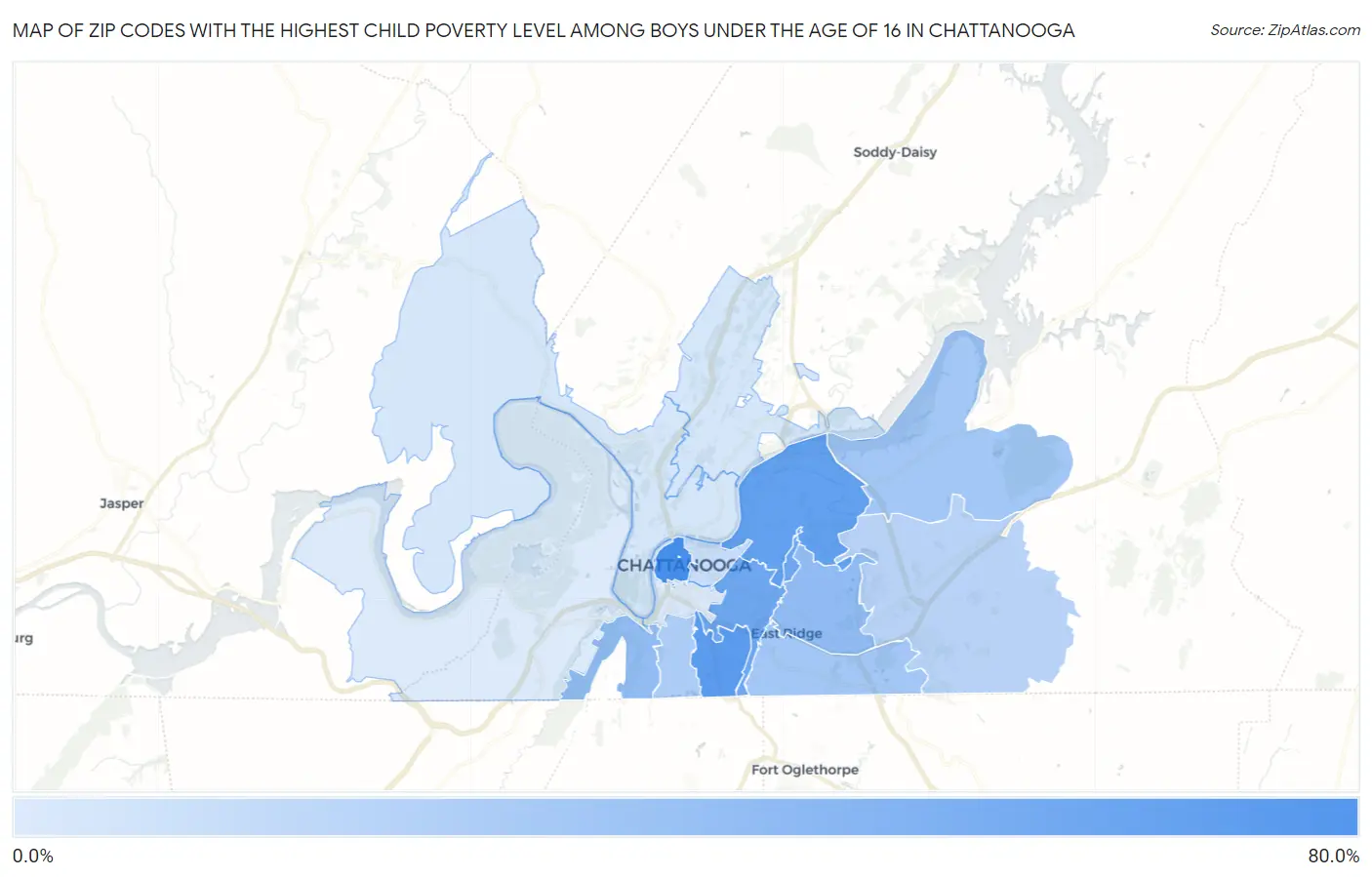 Zip Codes with the Highest Child Poverty Level Among Boys Under the Age of 16 in Chattanooga Map