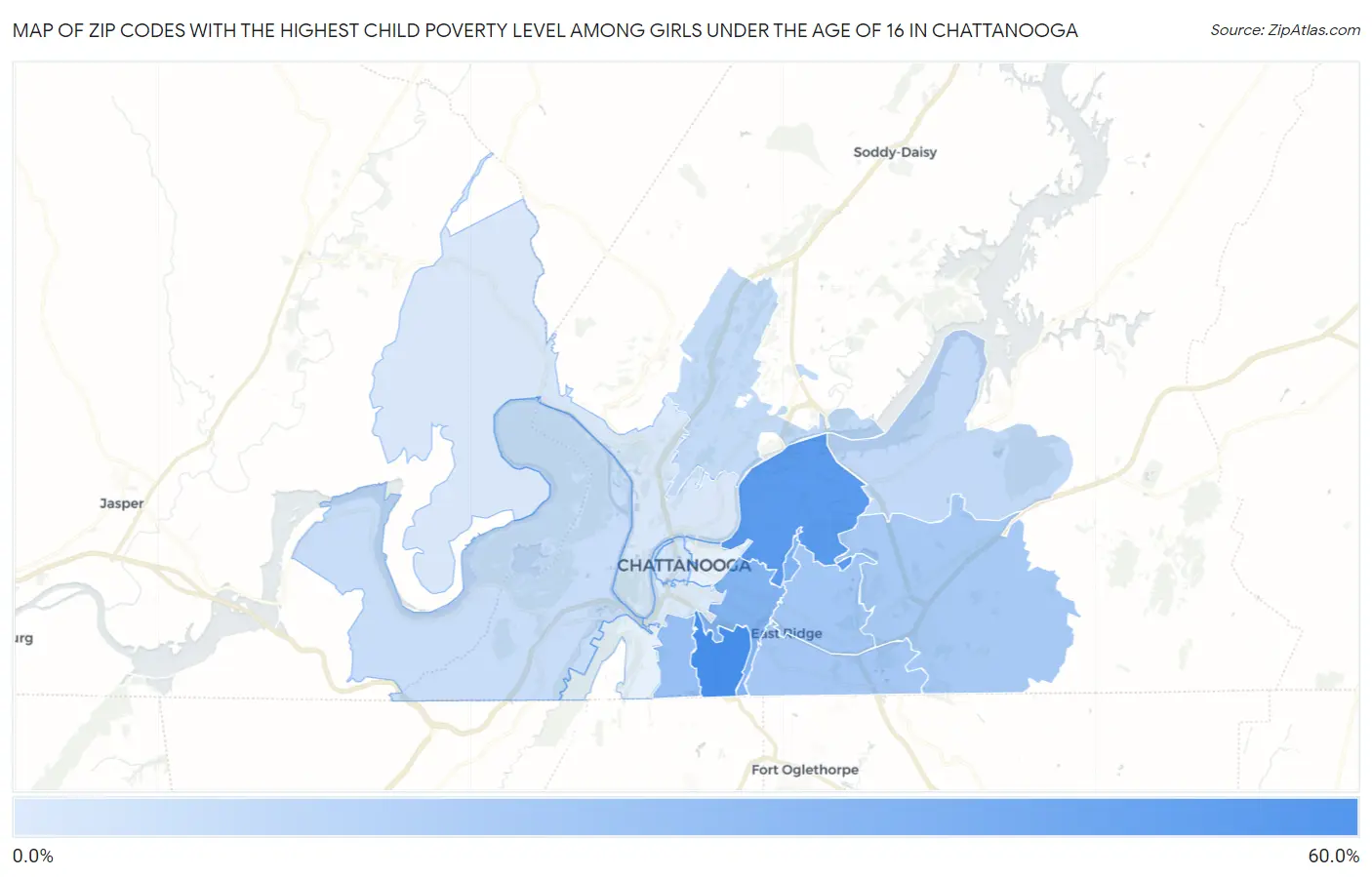 Zip Codes with the Highest Child Poverty Level Among Girls Under the Age of 16 in Chattanooga Map