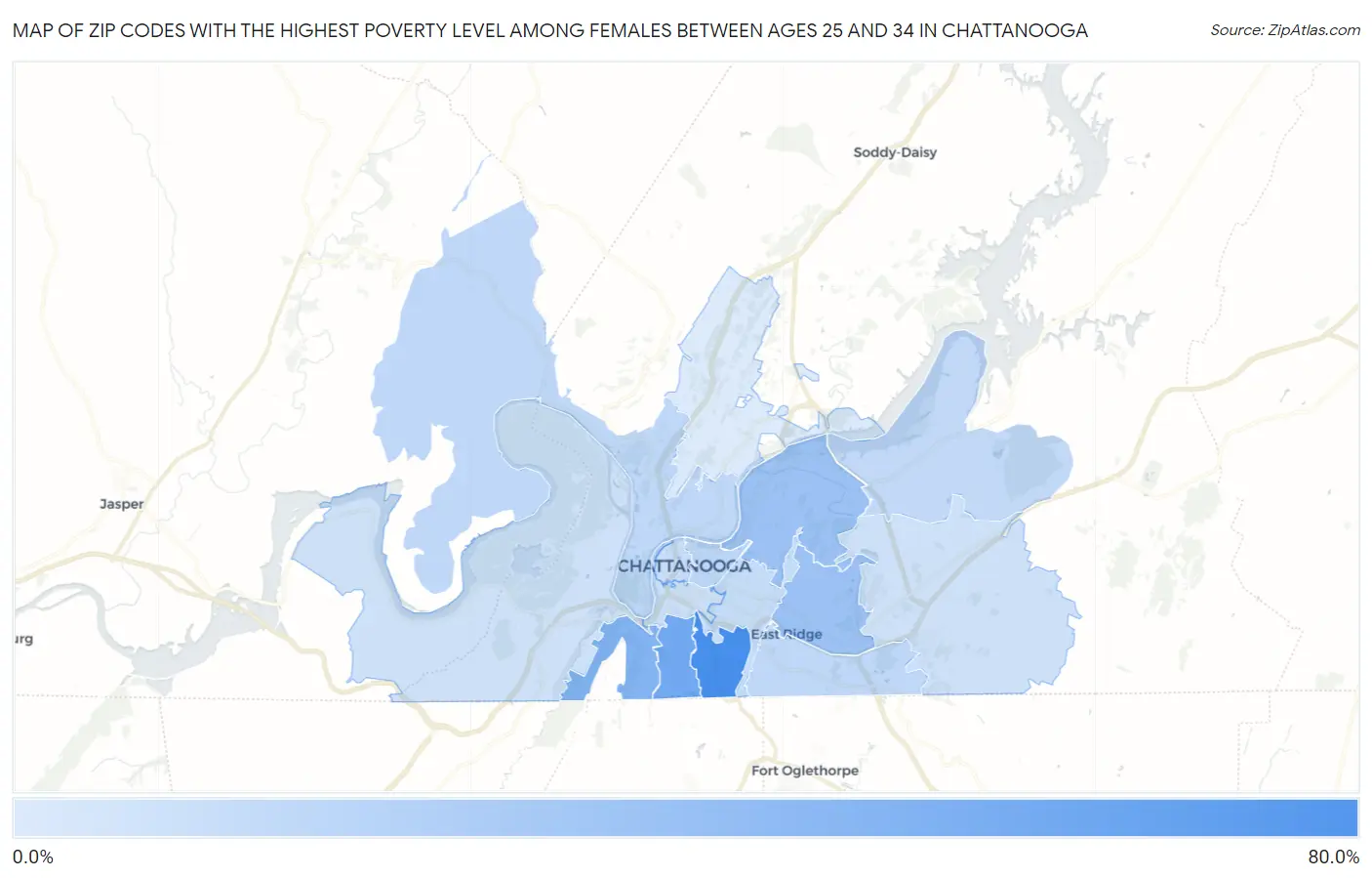 Zip Codes with the Highest Poverty Level Among Females Between Ages 25 and 34 in Chattanooga Map