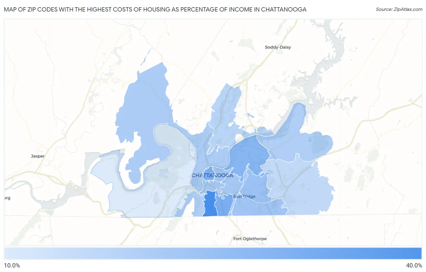 Zip Codes with the Highest Costs of Housing as Percentage of Income in Chattanooga Map