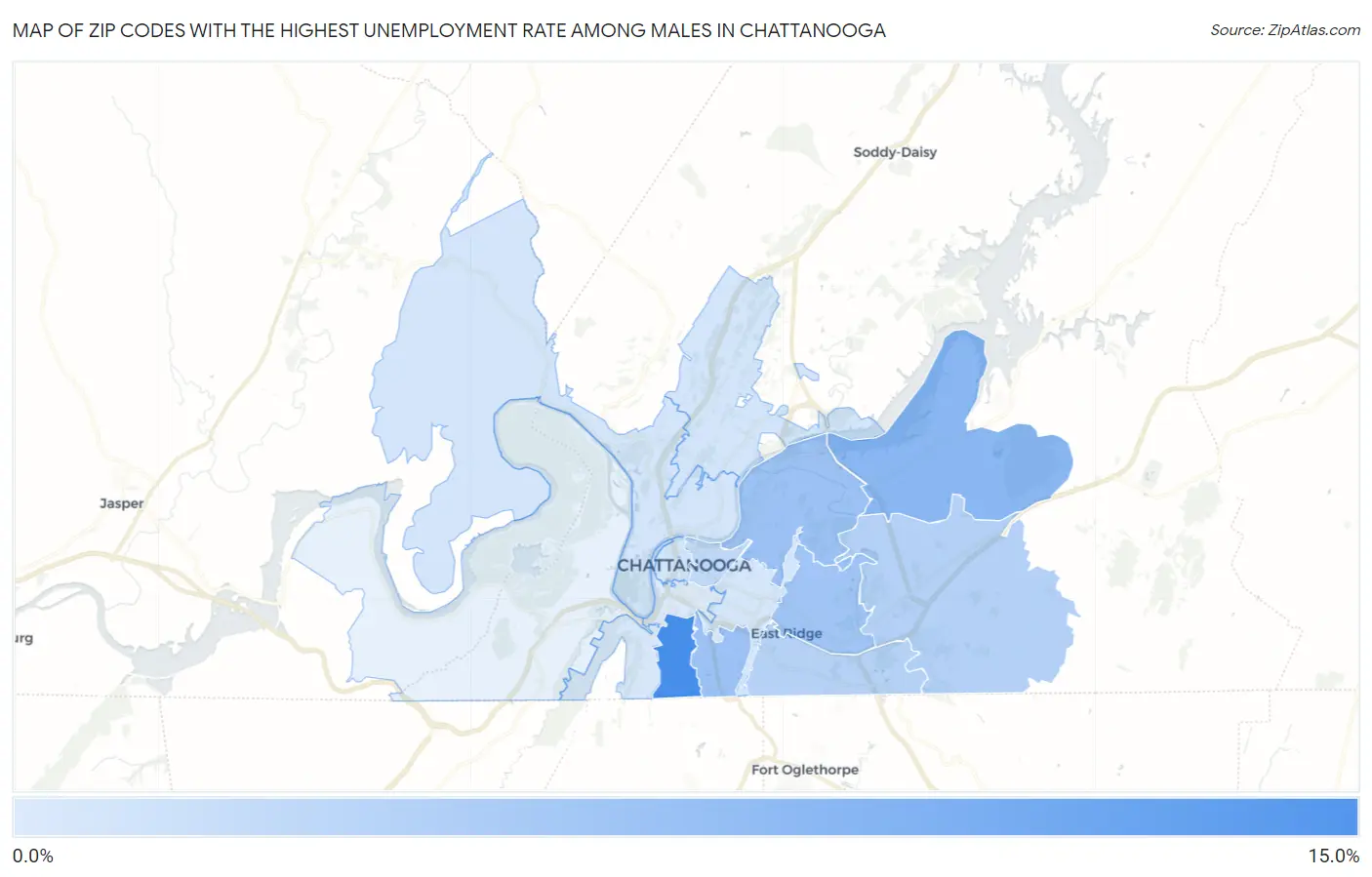 Zip Codes with the Highest Unemployment Rate Among Males in Chattanooga Map