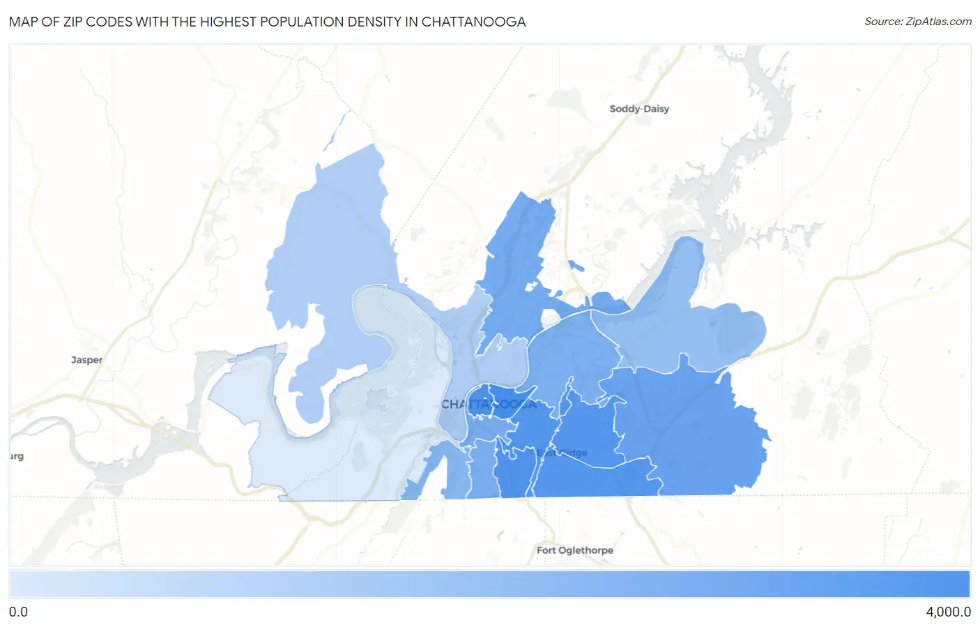 Zip Codes with the Highest Population Density in Chattanooga Map