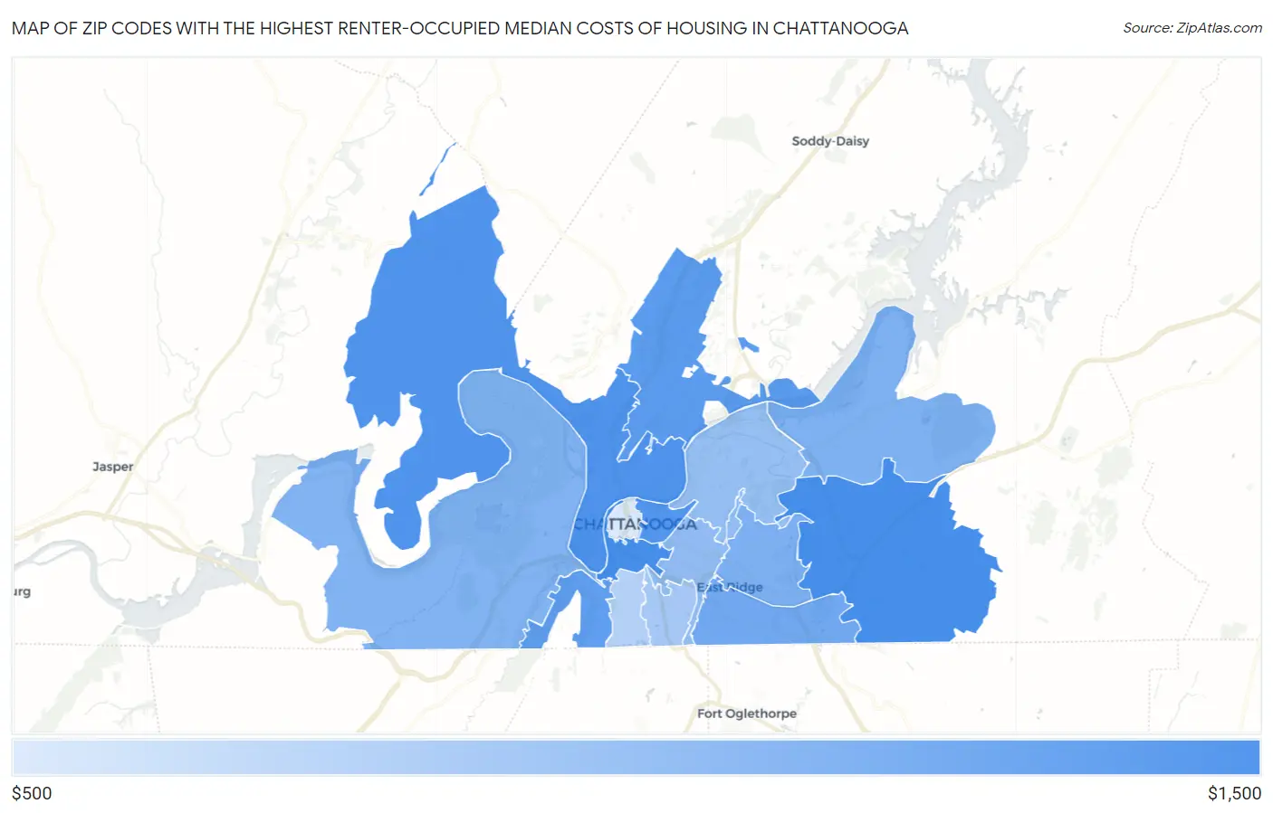 Zip Codes with the Highest Renter-Occupied Median Costs of Housing in Chattanooga Map